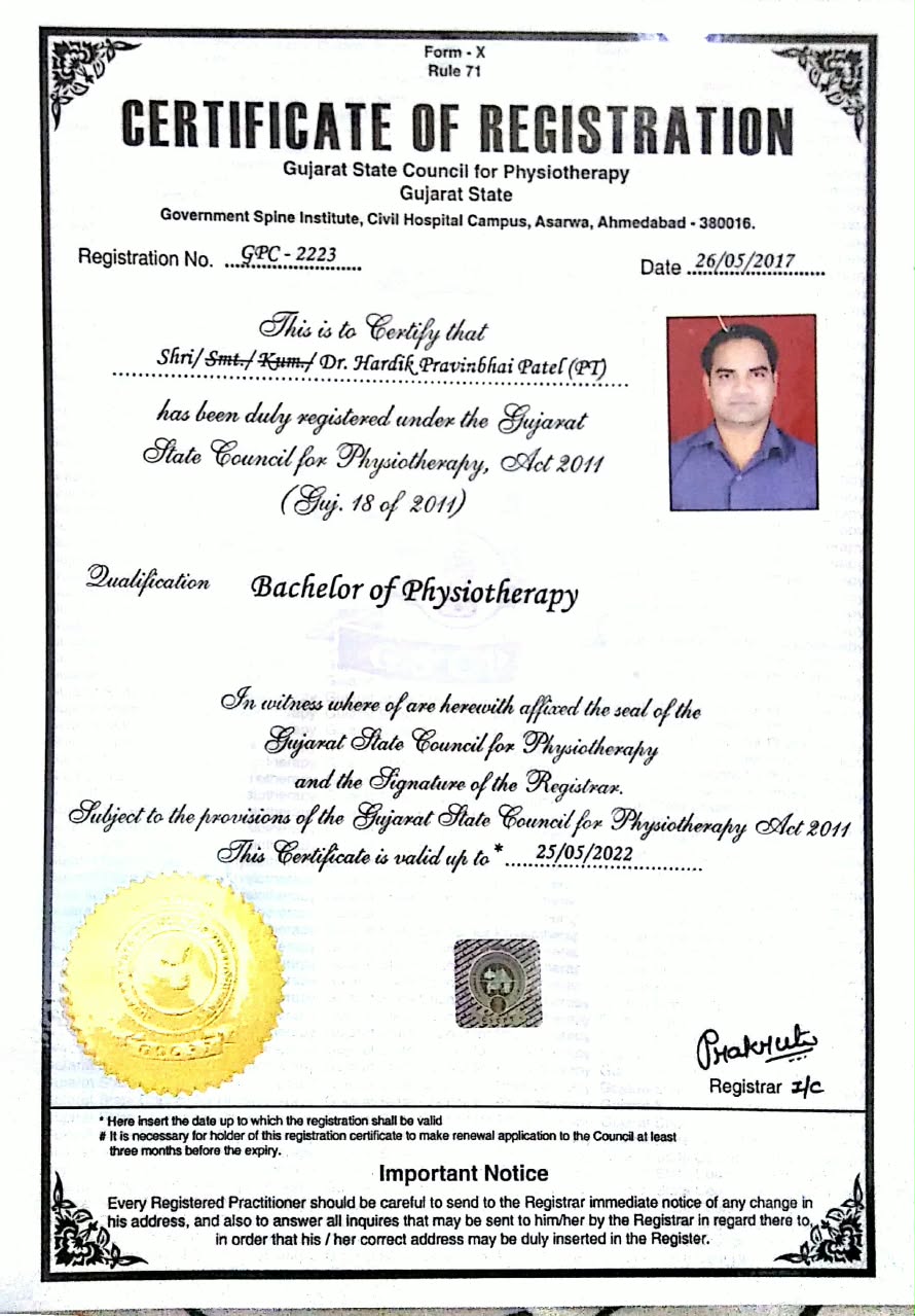 Certificate of Registration — Gujarat State Council for Physiotherapy (GSCPT)